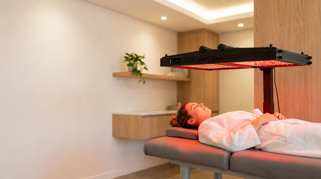 Client receiving Medwave™ red-light therapy under a targeted light panel in Pretoria East