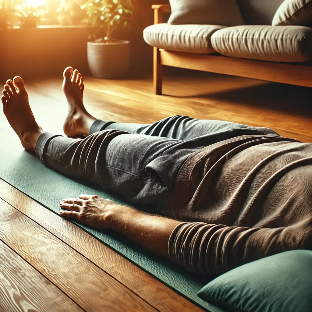 Person resting on the floor in a calm home setting, illustrating the gentle release TRE® supports